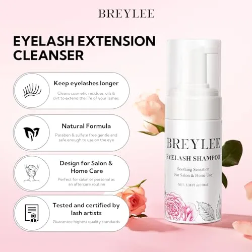 BREYLEE 100 ml Lash Shampoo for Lash Extensions, Lash Fan Dryer Rinse Bottle Brushes Cotton Puff, Eyelash Extension Cleanser, Lash Bath Wash Soap Foam Cleaner for Salon and Home Use