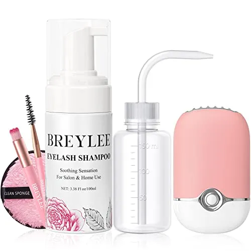 BREYLEE 100 ml Lash Shampoo for Lash Extensions, Lash Fan Dryer Rinse Bottle Brushes Cotton Puff, Eyelash Extension Cleanser, Lash Bath Wash Soap Foam Cleaner for Salon and Home Use